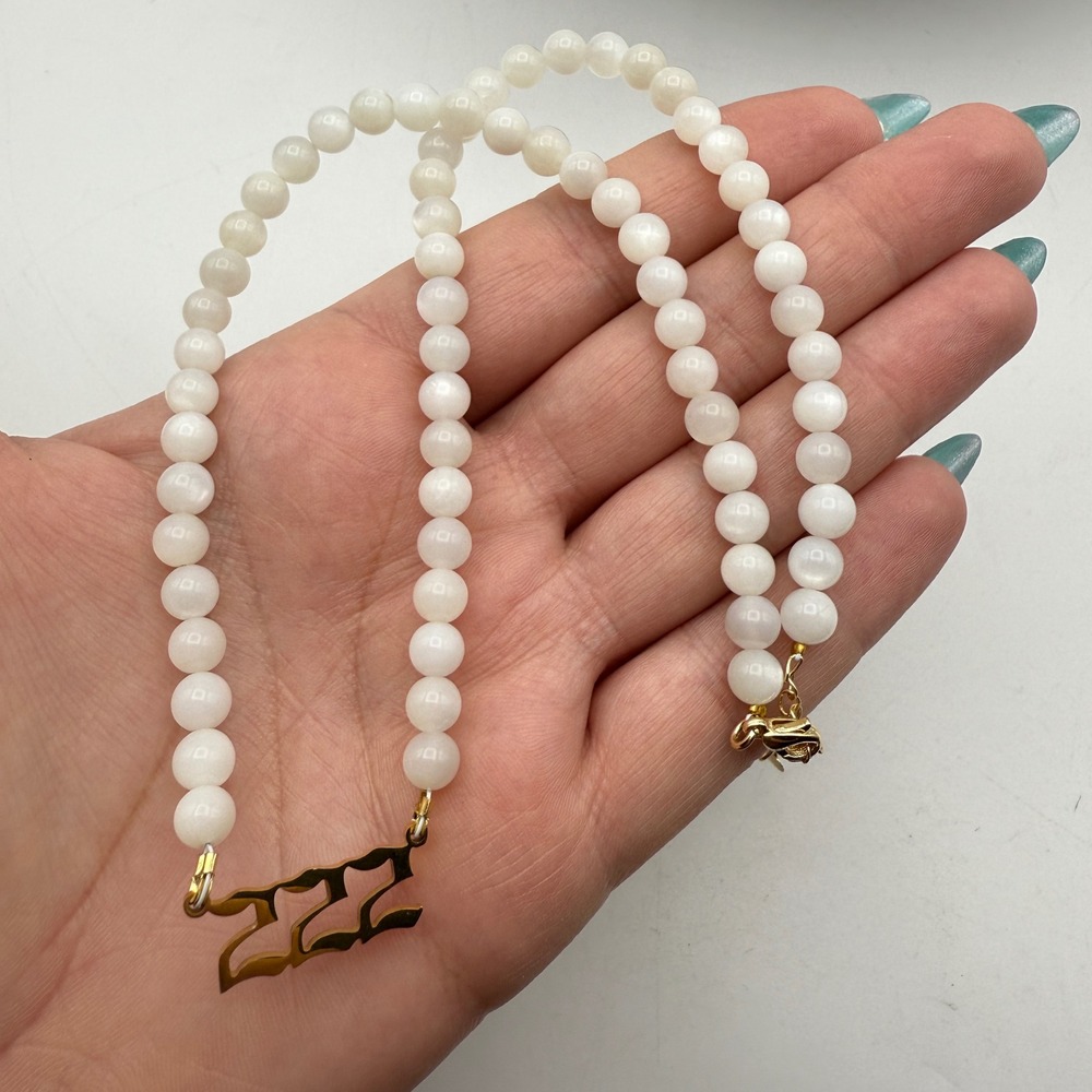 White Moonstone Beaded Necklace Gold Angel Number 222‎ Balance Jewelry Women